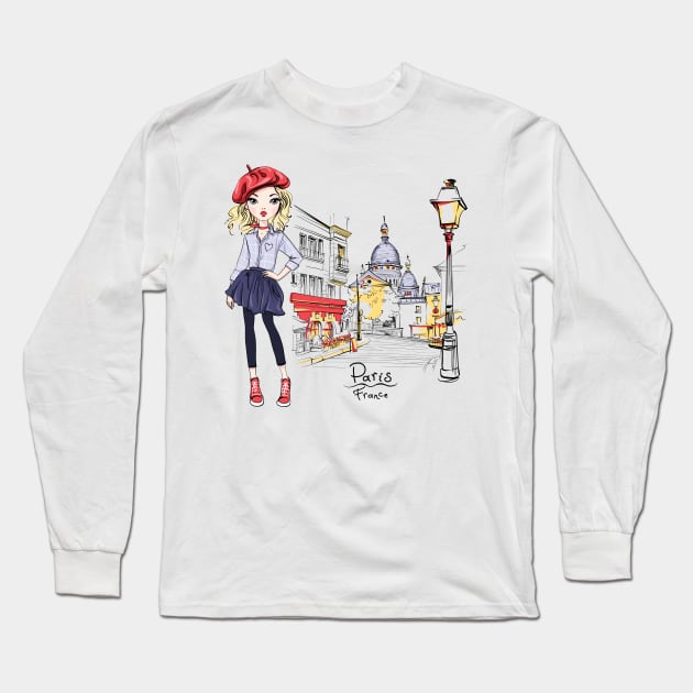 Fashion girl in Paris Long Sleeve T-Shirt by kavalenkava